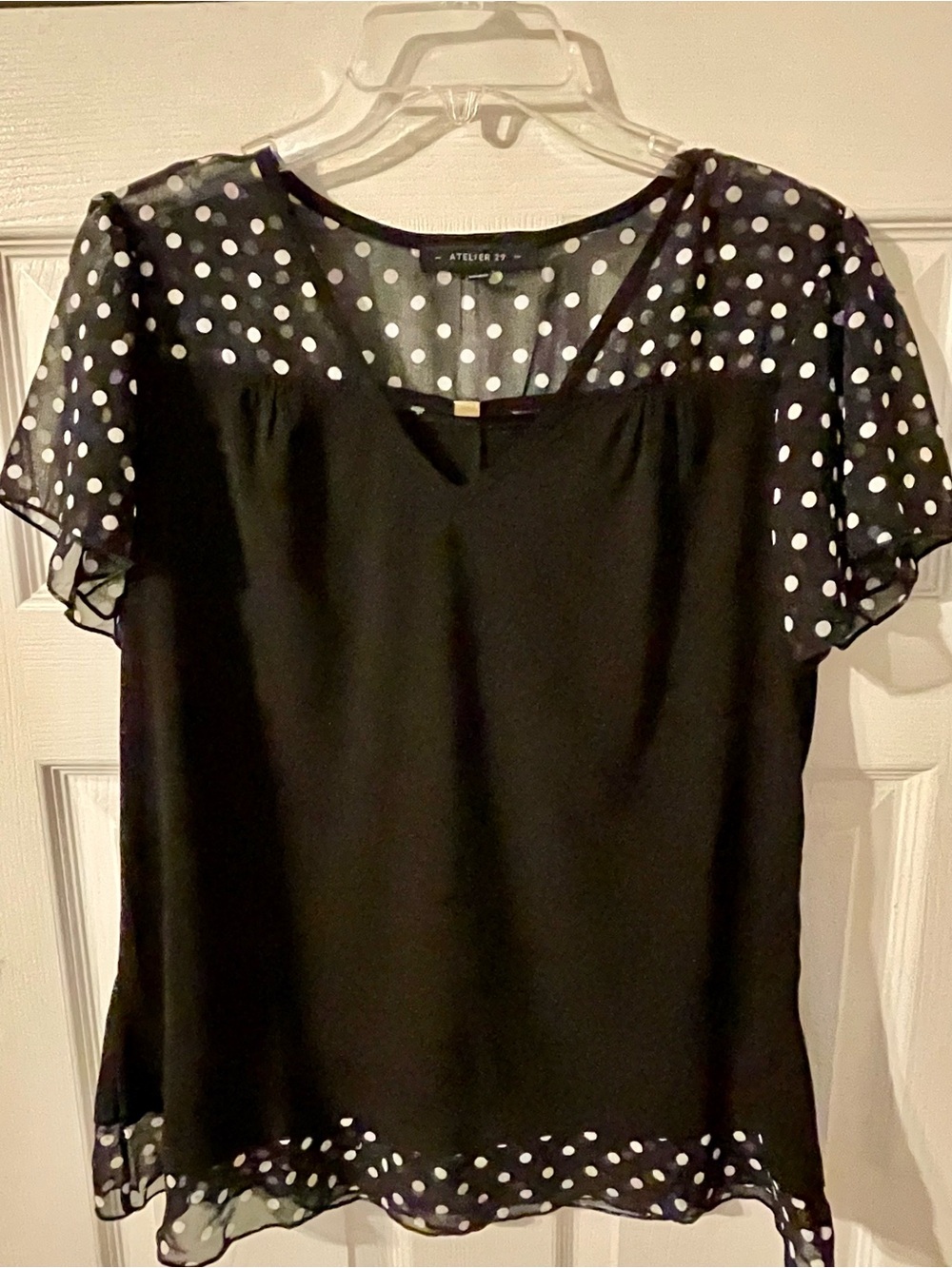 Atelier 29 Polka Dot Trim Sheer Sleeves Black Blouse - size Large - Picture 4 of 5